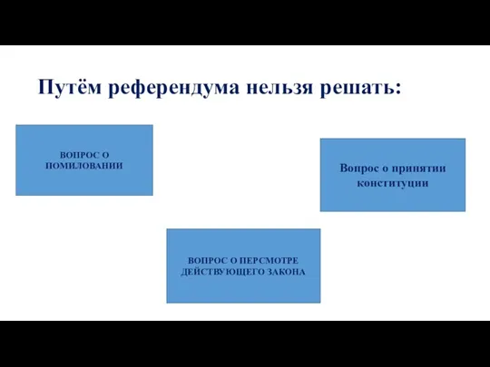 Путём референдума нельзя решать: ВОПРОС О ПЕРСМОТРЕ ДЕЙСТВУЮЩЕГО ЗАКОНА Вопрос о принятии конституции ВОПРОС О ПОМИЛОВАНИИ