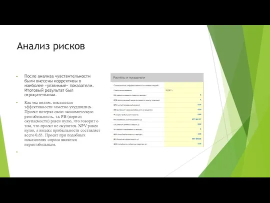 Анализ рисков После анализа чувствительности были внесены коррективы в наиболее «уязвимые» показатели.