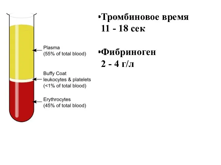 Тромбиновое время 11 - 18 сек Фибриноген 2 - 4 г/л
