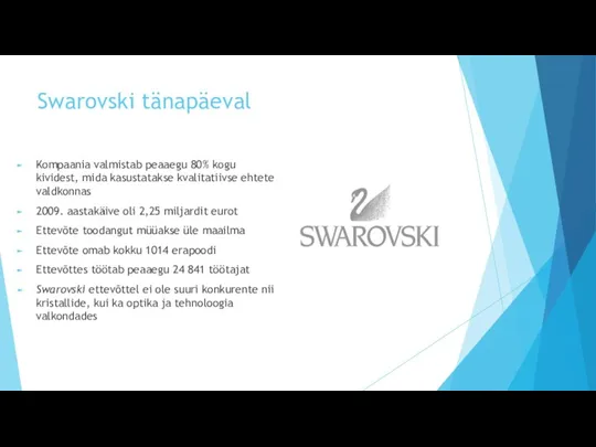 Swarovski tänapäeval Kompaania valmistab peaaegu 80% kogu kividest, mida kasustatakse kvalitatiivse ehtete