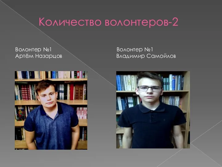 Количество волонтеров-2 Волонтер №1 Волонтер №1 Артём Назарцов Владимир Самойлов