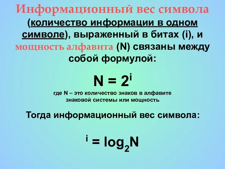 Информационный вес символа (количество информации в одном символе), выраженный в битах (i),