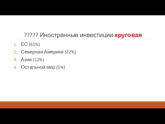 ????? Иностранные инвестиции круговая ЕС (61%) Северная Америка (22%) Азия (12%) Остальной мир (5%)