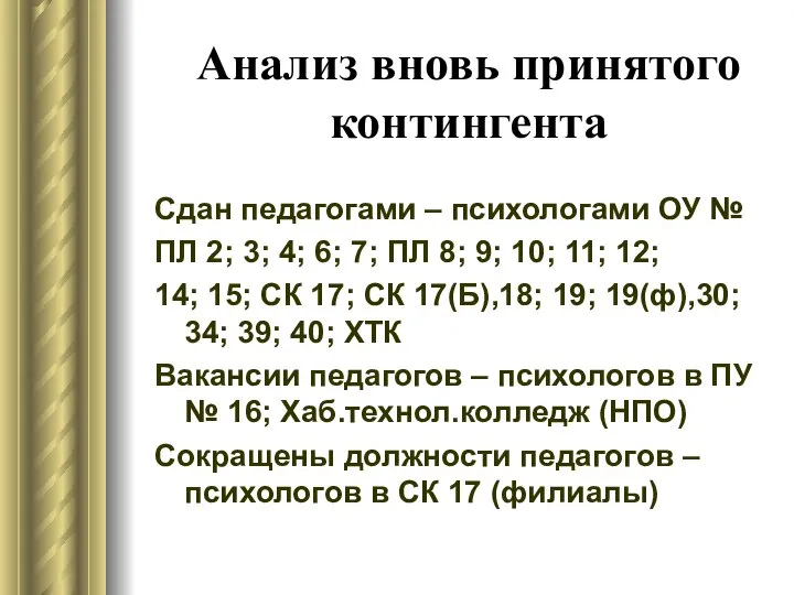 Анализ вновь принятого контингента Сдан педагогами – психологами ОУ № ПЛ 2;