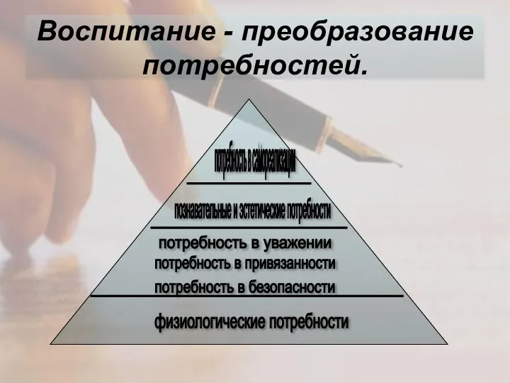 Воспитание - преобразование потребностей. физиологические потребности потребность в уважении потребность в привязанности