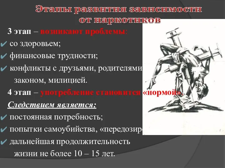 3 этап – возникают проблемы: со здоровьем; финансовые трудности; конфликты с друзьями,