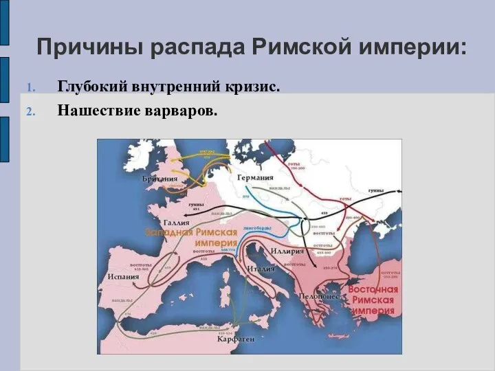 Причины распада Римской империи: Глубокий внутренний кризис. Нашествие варваров.