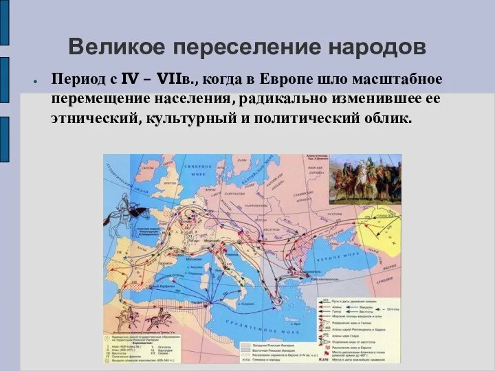 Великое переселение народов Период с IV – VIIв., когда в Европе шло