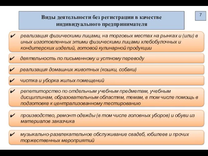 Виды деятельности без регистрации в качестве индивидуального предпринимателя 7 реализация физическими лицами,