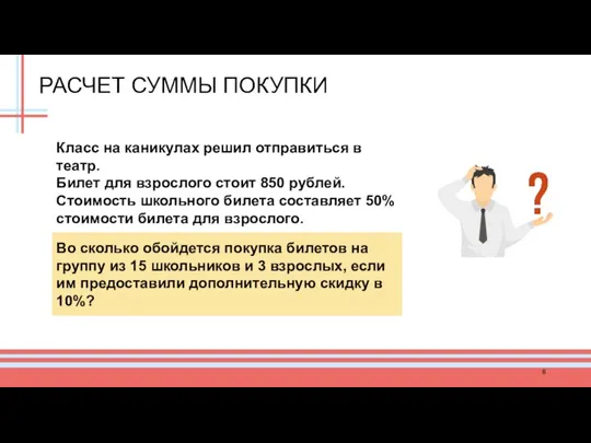 РАСЧЕТ СУММЫ ПОКУПКИ Класс на каникулах решил отправиться в театр. Билет для