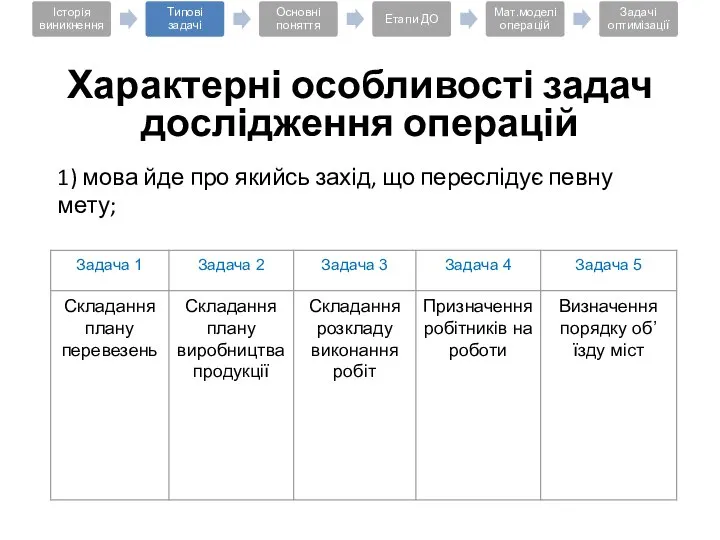 Характерні особливості задач дослідження операцій 1) мова йде про якийсь захід, що переслідує певну мету;