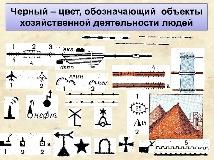 Черный – цвет, обозначающий объекты хозяйственной деятельности людей