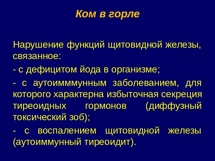 Ком в горле Нарушение функций щитовидной железы, связанное: - с дефицитом йода