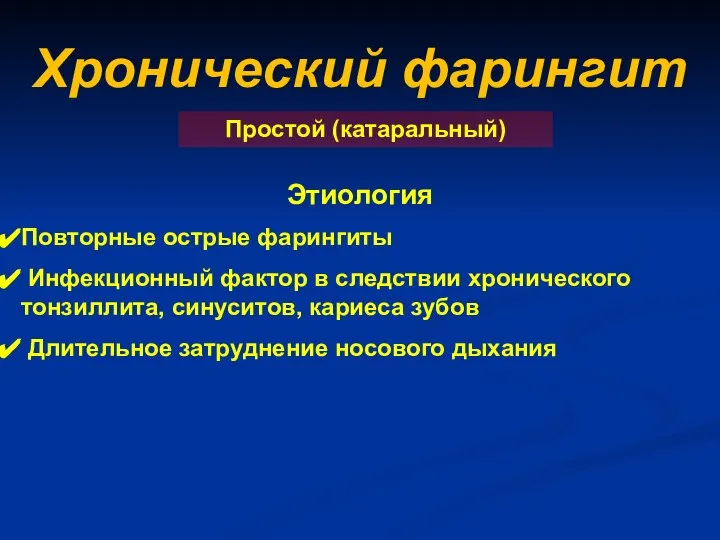 Хронический фарингит Простой (катаральный) Этиология Повторные острые фарингиты Инфекционный фактор в следствии