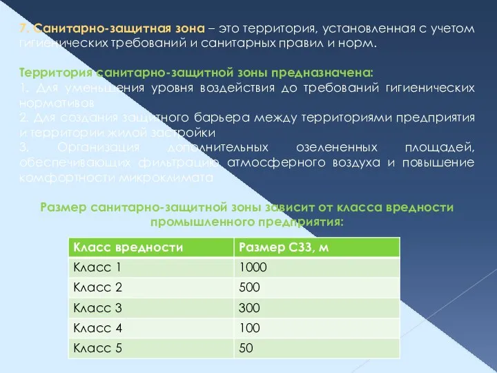 7. Санитарно-защитная зона – это территория, установленная с учетом гигиенических требований и