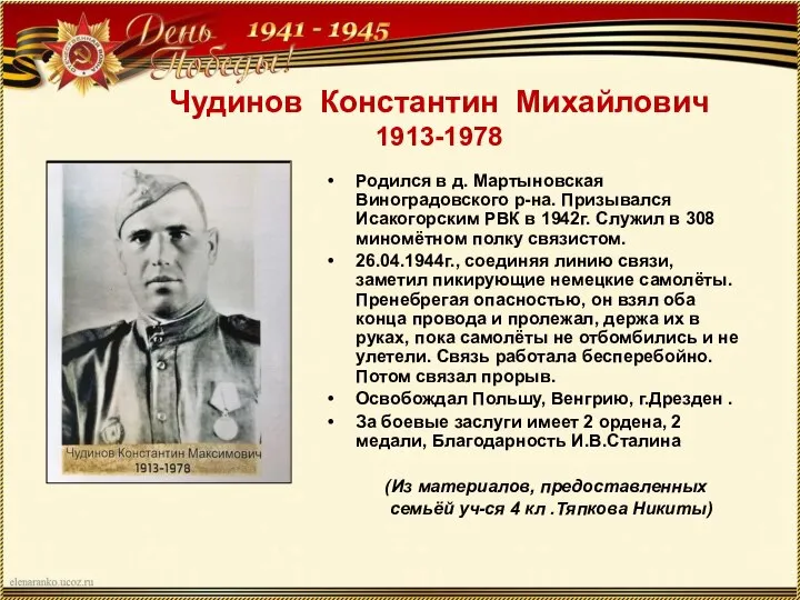 Чудинов Константин Михайлович 1913-1978 Родился в д. Мартыновская Виноградовского р-на. Призывался Исакогорским