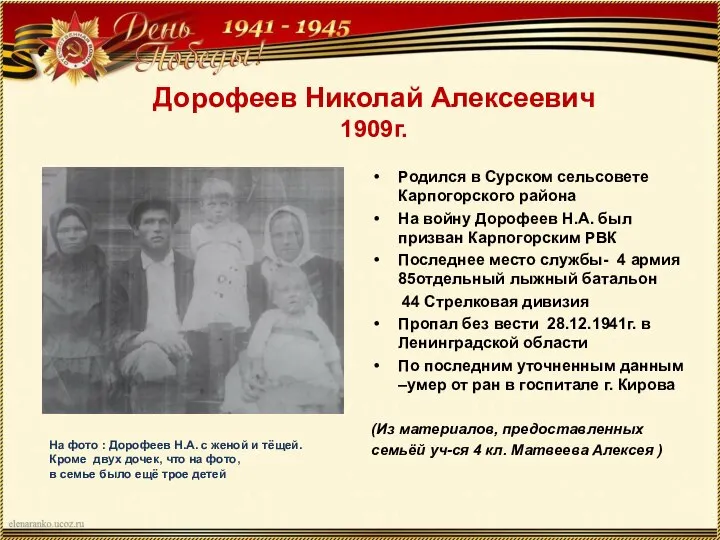 Дорофеев Николай Алексеевич 1909г. Родился в Сурском сельсовете Карпогорского района На войну