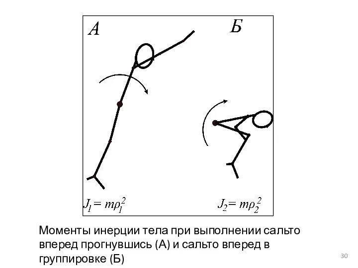 Моменты инерции тела при выполнении сальто вперед прогнувшись (А) и сальто вперед в группировке (Б)