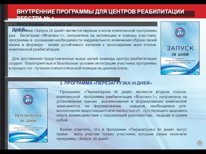 ВНУТРЕННИЕ ПРОГРАММЫ ДЛЯ ЦЕНТРОВ РЕАБИЛИТАЦИИ РЕЕСТРА № 1 1. ПРОГРАММА «ЗАПУСК 28