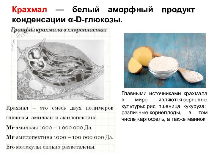 Крахмал — белый аморфный продукт конденсации α-D-глюкозы. Главными источниками крахмала в мире