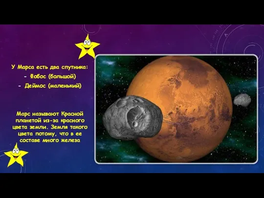 У Марса есть два спутника: Фобос (большой) Деймос (маленький) Марс называют Красной