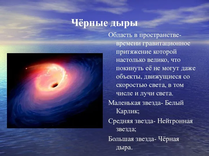 Чёрные дыры Область в пространстве-времени гравитационное притяжение которой настолько велико, что покинуть