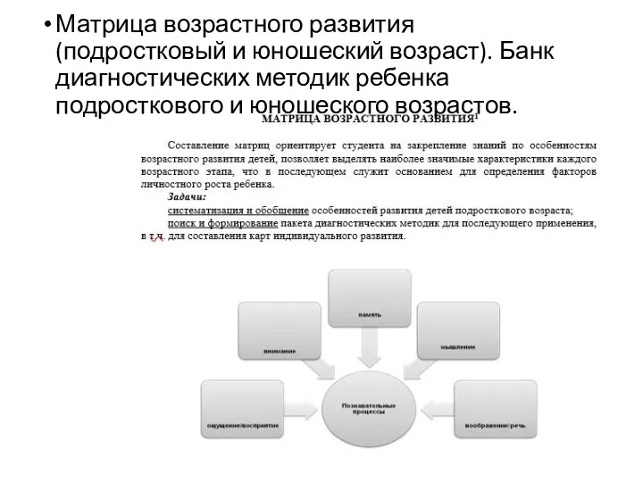 Матрица возрастного развития (подростковый и юношеский возраст). Банк диагностических методик ребенка подросткового и юношеского возрастов.