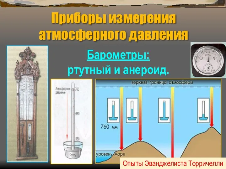 Приборы измерения атмосферного давления Барометры: ртутный и анероид. Опыты Эванджелиста Торричелли