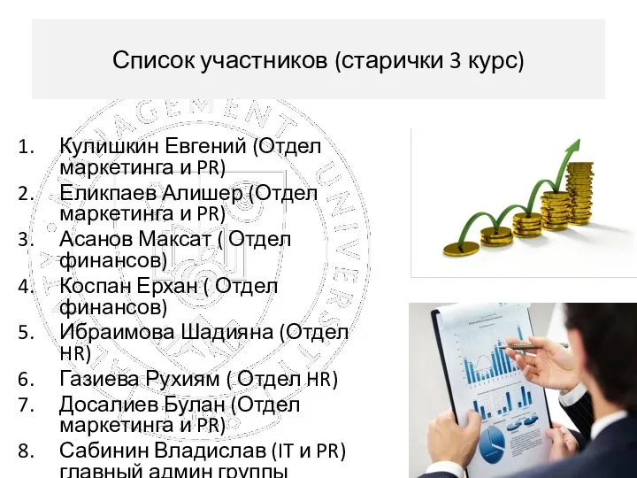 Список участников (старички 3 курс) Кулишкин Евгений (Отдел маркетинга и PR) Еликпаев