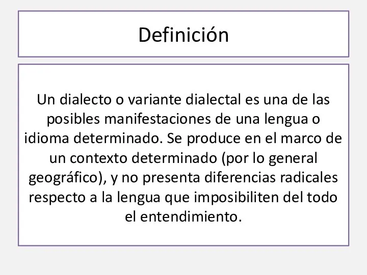 Definición Un dialecto o variante dialectal es una de las posibles manifestaciones