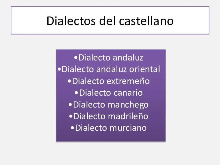 Dialectos del castellano Dialecto andaluz Dialecto andaluz oriental Dialecto extremeño Dialecto canario