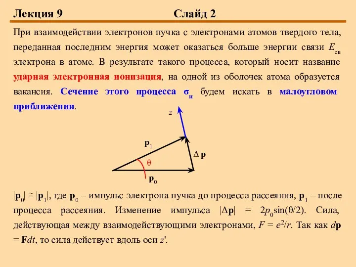 Лекция 9 Слайд 2 При взаимодействии электронов пучка с электронами атомов твердого