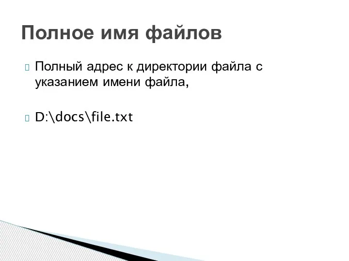 Полный адрес к директории файла с указанием имени файла, D:\docs\file.txt Полное имя файлов