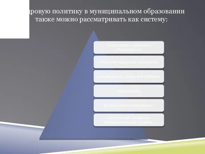 Кадровую политику в муниципальном образовании также можно рассматривать как систему: