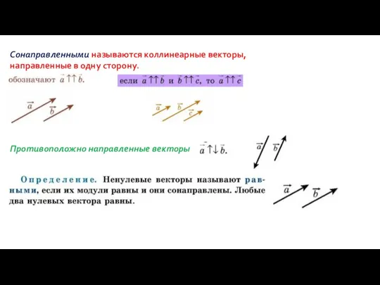 Сонаправленными называются коллинеарные векторы, направленные в одну сторону. Противоположно направленные векторы