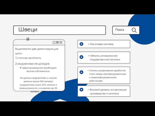 Выделяются две доминирующие цели: 1) полная занятость 2) выравнивание доходов Поиск Швеция