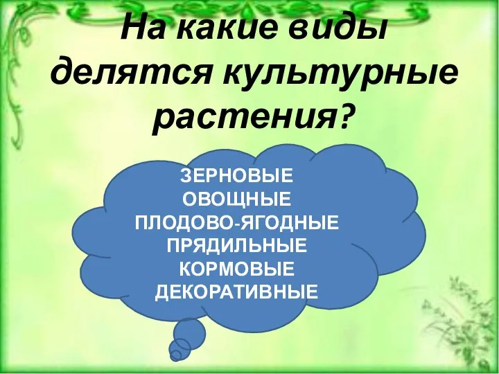 На какие виды делятся культурные растения? ЗЕРНОВЫЕ ОВОЩНЫЕ ПЛОДОВО-ЯГОДНЫЕ ПРЯДИЛЬНЫЕ КОРМОВЫЕ ДЕКОРАТИВНЫЕ