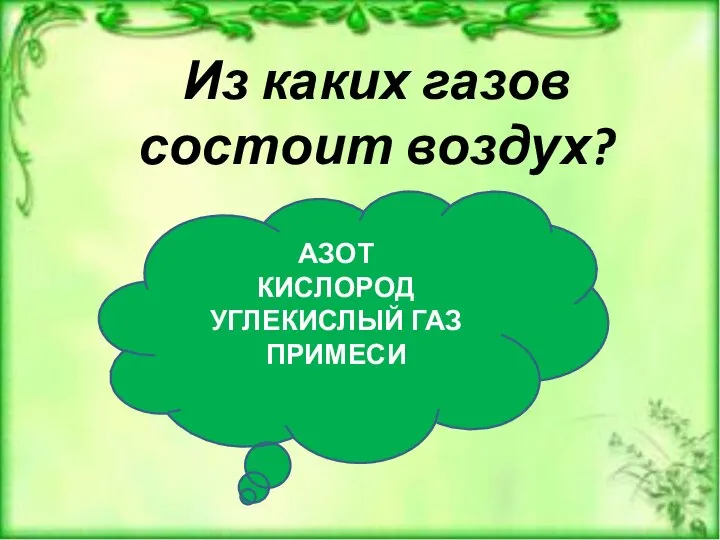 Из каких газов состоит воздух? АЗОТ КИСЛОРОД УГЛЕКИСЛЫЙ ГАЗ ПРИМЕСИ