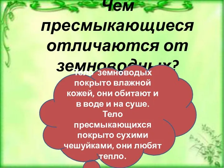 Чем пресмыкающиеся отличаются от земноводных? Тело земноводых покрыто влажной кожей, они обитают