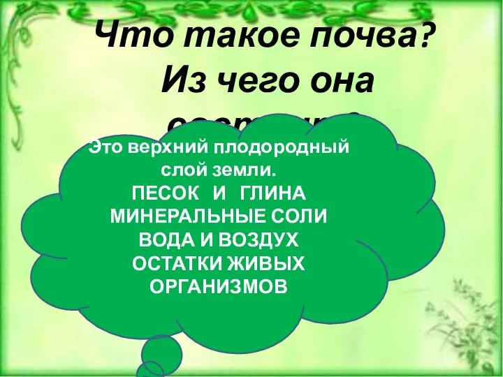 Что такое почва? Из чего она состоит? Это верхний плодородный слой земли.