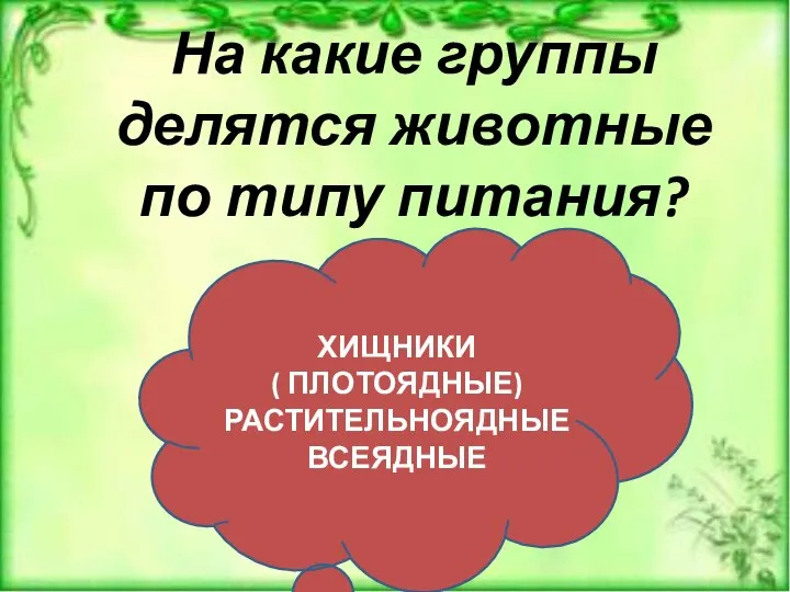 На какие группы делятся животные по типу питания? ХИЩНИКИ ( ПЛОТОЯДНЫЕ) РАСТИТЕЛЬНОЯДНЫЕ ВСЕЯДНЫЕ