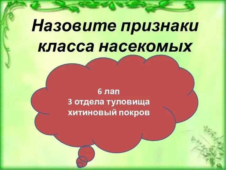 Назовите признаки класса насекомых 6 лап 3 отдела туловища хитиновый покров