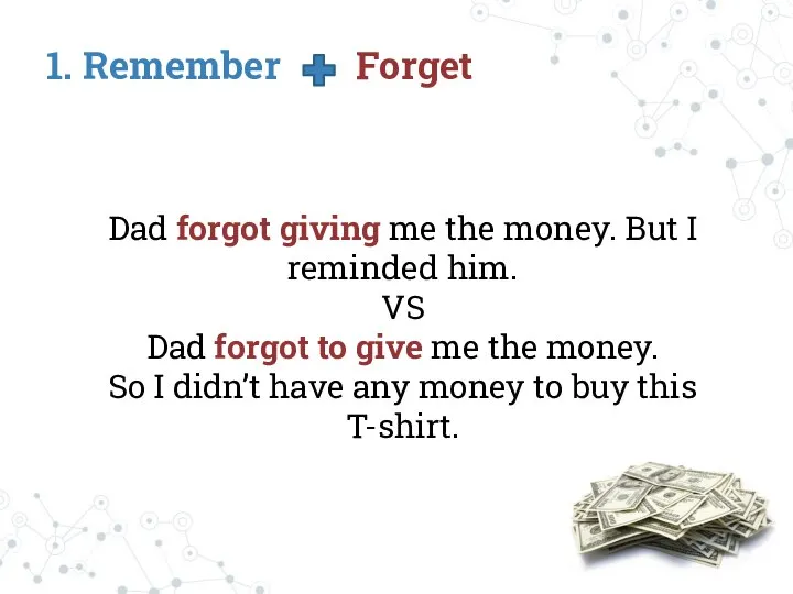 1. Remember Forget Dad forgot giving me the money. But I reminded