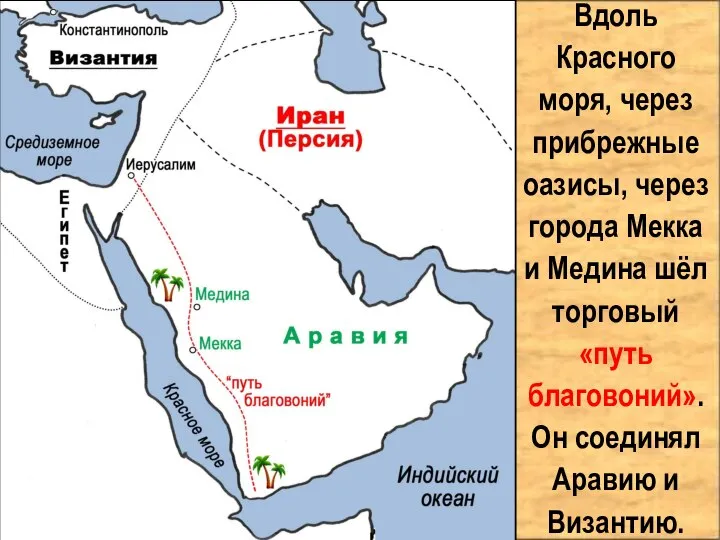 Вдоль Красного моря, через прибрежные оазисы, через города Мекка и Медина шёл