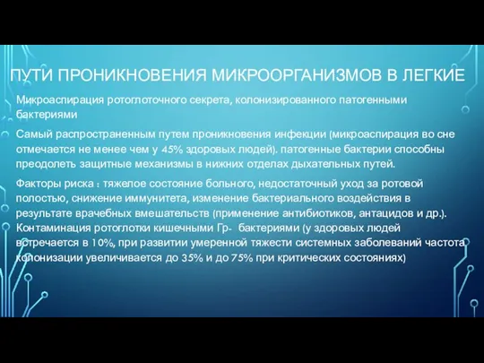 ПУТИ ПРОНИКНОВЕНИЯ МИКРООРГАНИЗМОВ В ЛЕГКИЕ Микроаспирация ротоглоточного секрета, колонизированного патогенными бактериями Самый