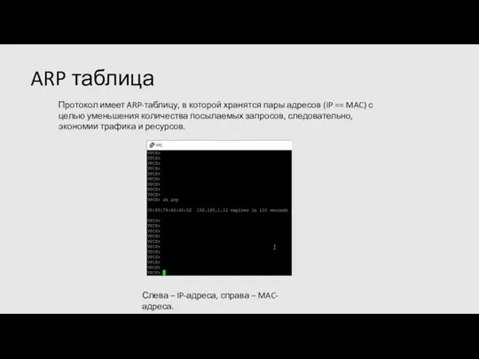 Протокол имеет ARP-таблицу, в которой хранятся пары адресов (IP == MAC) с