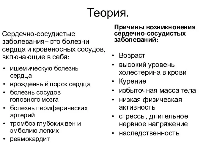 Теория. Сердечно-сосудистые заболевания– это болезни сердца и кровеносных сосудов, включающие в себя: