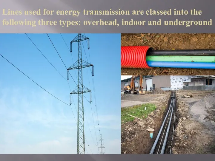 Lines used for energy transmission are classed into the following three types: overhead, indoor and underground