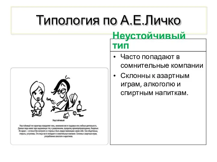 Типология по А.Е.Личко Неустойчивый тип Часто попадают в сомнительные компании Склонны к