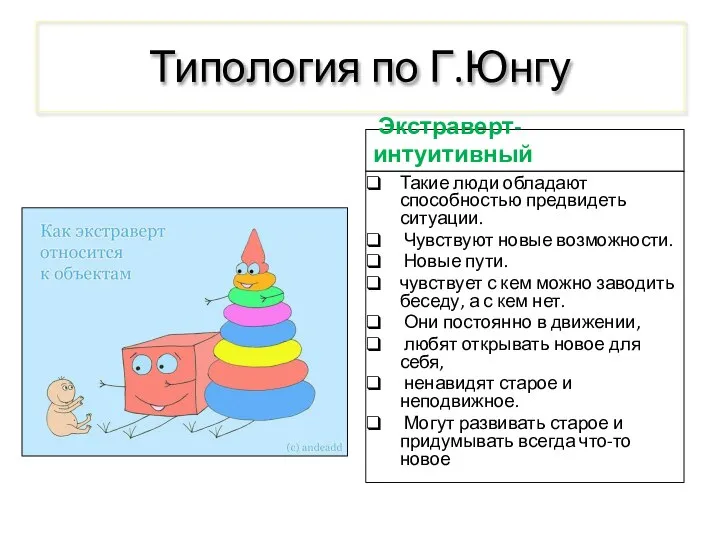 Типология по Г.Юнгу Экстраверт-интуитивный Такие люди обладают способностью предвидеть ситуации. Чувствуют новые